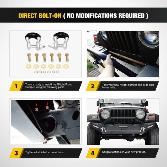 1987-2006 Jeep Wrangler TJ & YJ Front Bumper Rock Crawler Bumper with 2Pcs LED Lights Winch Plate 2Pcs D-Rings Upgraded Textured Black