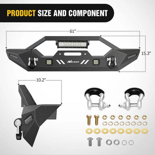 2007-2018 Jeep Wrangler JK/JKU 2018-2022 JL/JLU 2020-2022 Gladiator JT Front Bumper with 72W LED Light Bar 2Pcs 18W Light Pod 2Pcs 18W Single Row Work Light Winch Plate
