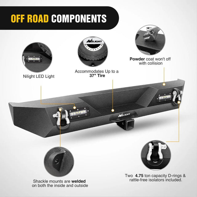 1987-2006 Jeep Wrangler TJ YJ Rear Bumper Rock Crawler Bumper with Hitch Receiver 2Pcs Upgraded 40W LED Lights Off Road Textured Black