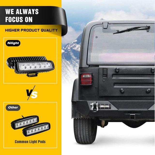 1987-2006 Jeep Wrangler TJ YJ Rear Bumper Rock Crawler Bumper with Hitch Receiver 2Pcs Upgraded 40W LED Lights Off Road Textured Black