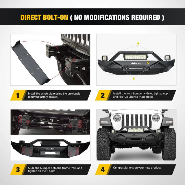 2018-2023 Jeep Wrangler JL Front Bumper Winch Plate with 72W LED light bar 2Pcs 18W LED Work Light Pod License Plate Bracket