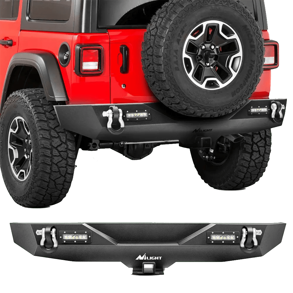 2018-2023 Jeep Wrangler JL Rear Bumper Rock Crawler Bumper with 2Pcs Hitch Receiver 2Pcs Upgraded 18W LED Lights D-Rings Textured Black