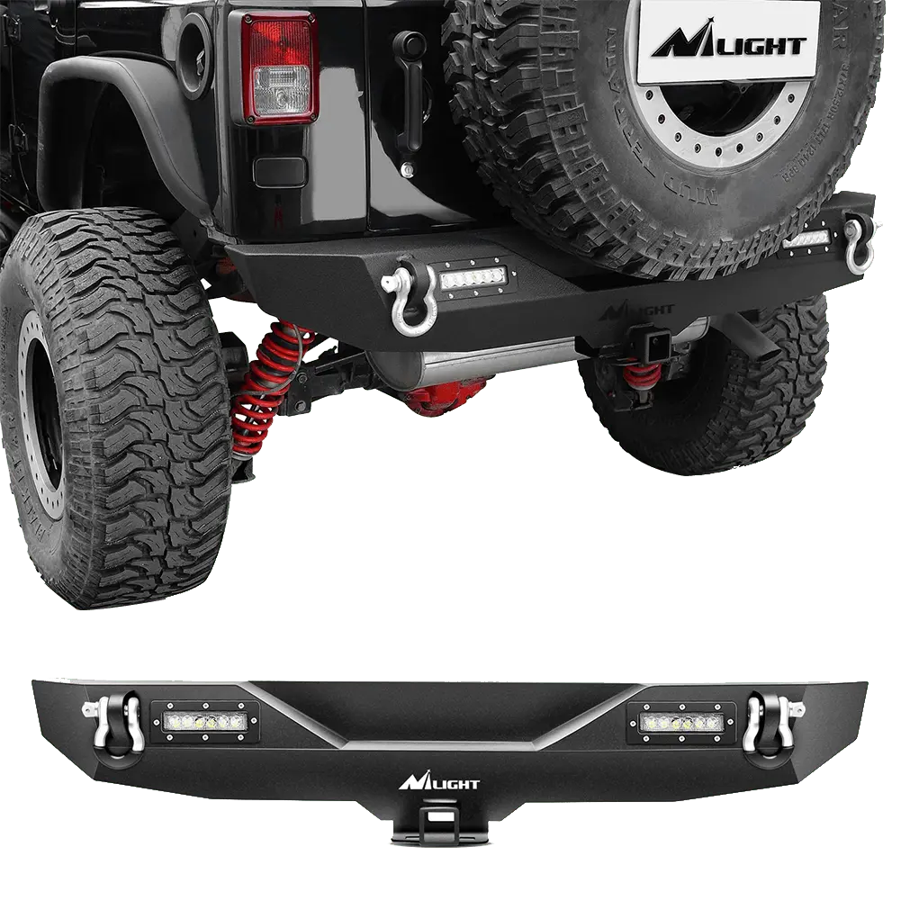 2007-2018 Jeep Wrangler JK Rear Bumper Rock Crawler Bumper with Hitch Receiver 2Pcs Upgraded 18W LED Lights Off Road Textured Black