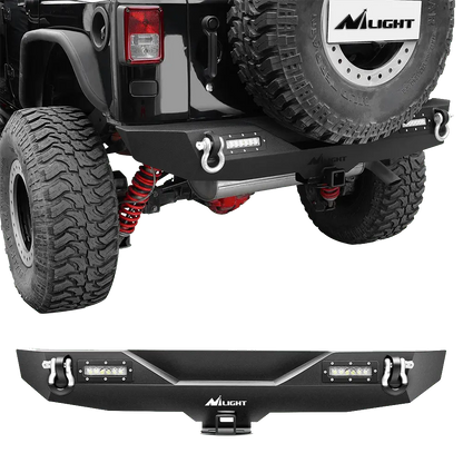 2007-2018 Jeep Wrangler JK Rear Bumper Rock Crawler Bumper with Hitch Receiver 2Pcs Upgraded 18W LED Lights Off Road Textured Black