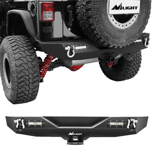2007-2018 Jeep Wrangler JK Rear Bumper Rock Crawler Bumper with Hitch Receiver 2Pcs Upgraded 18W LED Lights Off Road Textured Black