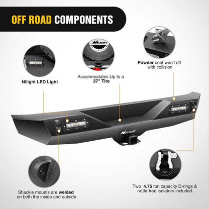 2007-2018 Jeep Wrangler JK Rear Bumper Rock Crawler Bumper with Hitch Receiver 2Pcs Upgraded 18W LED Lights Off Road Textured Black