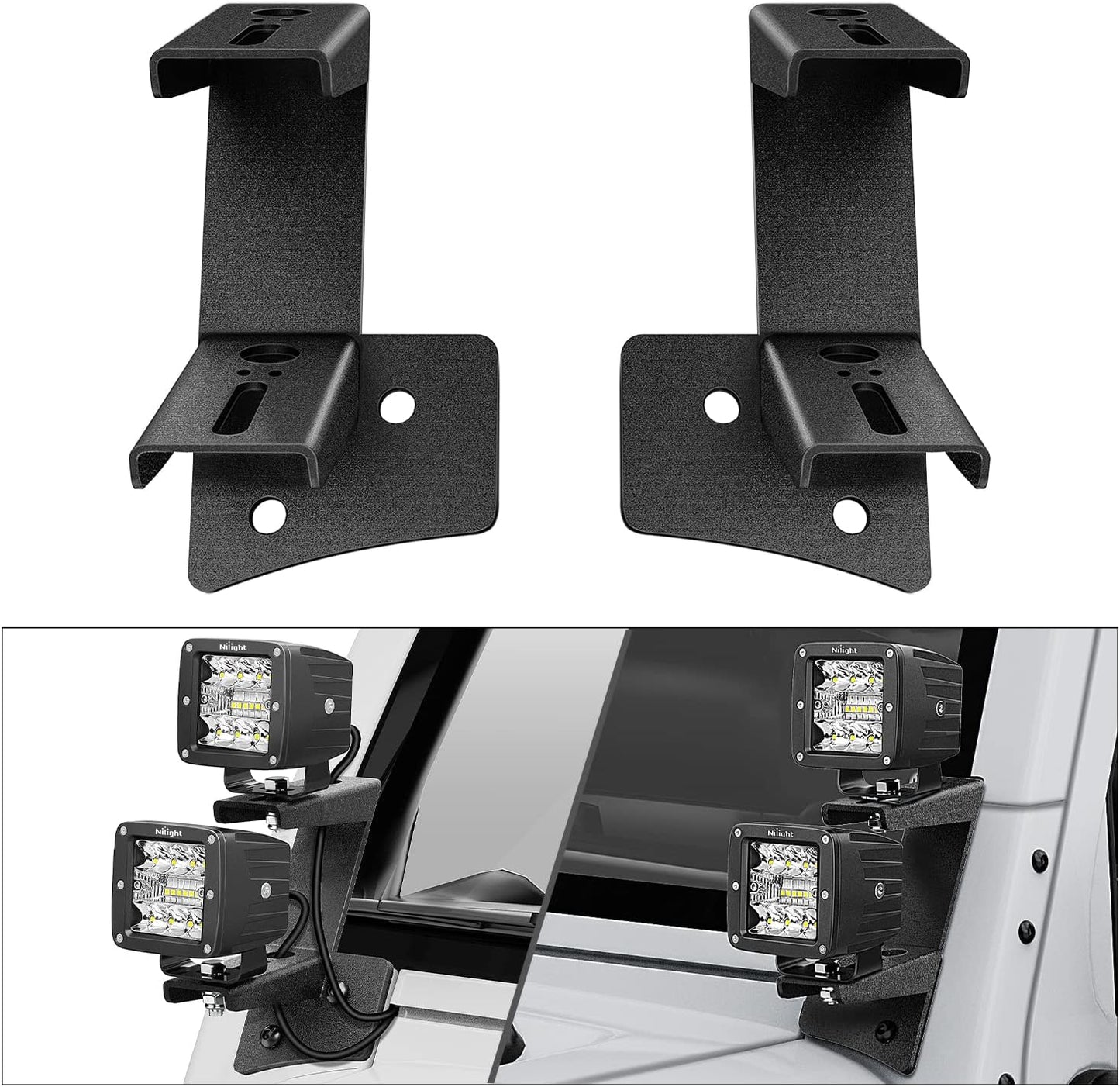 Nilight 2PCS Windshield Hinge Mounting Brackets Dual A-Pillar for Offroad LED Fog Light Work Light for 2007 2008 2009 2010 2011 2012 2013 2014 2015 2016 2017 Wrangler JK/JKU 2DR 4DR,2 years Warranty