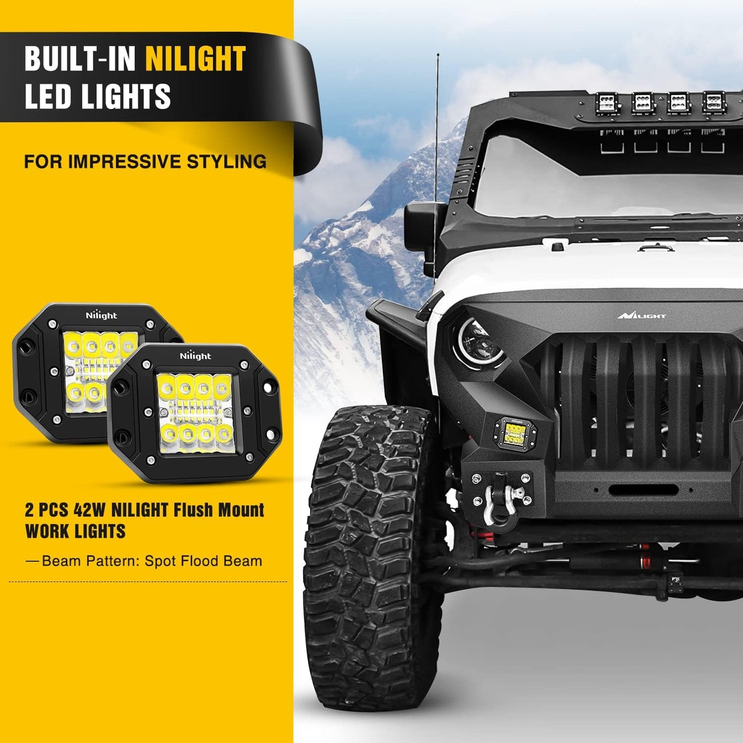 2007-2018 Jeep Wrangler JK & Unlimited 2/4 Doors Front Bumper Grill with Winch Plate 2Pcs 42w LED Work Light Pods Textured Black Solid Steel Off-Road
