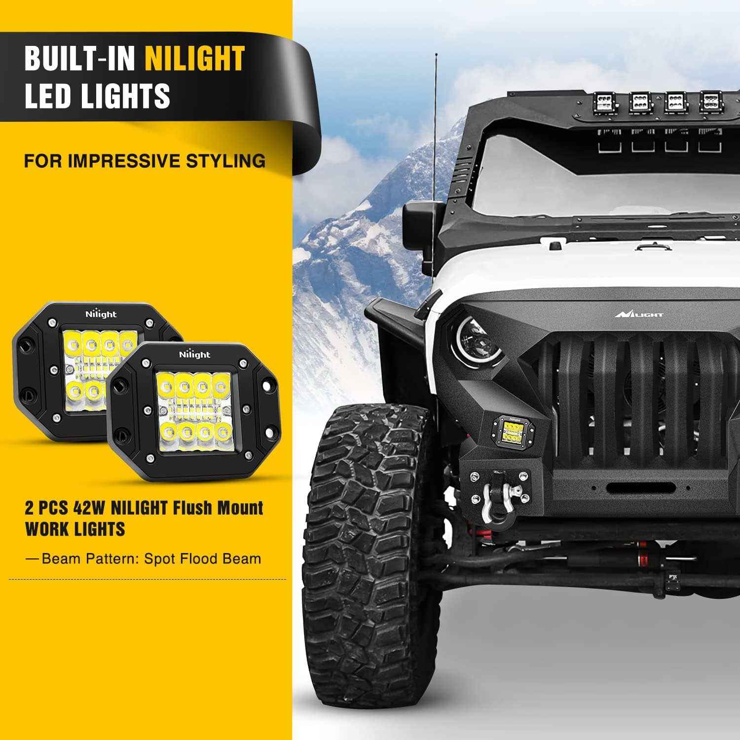 2007-2018 Jeep Wrangler JK & Unlimited 2/4 Doors Front Bumper Grill with Winch Plate 2Pcs 42w LED Work Light Pods Textured Black Solid Steel Off-Road
