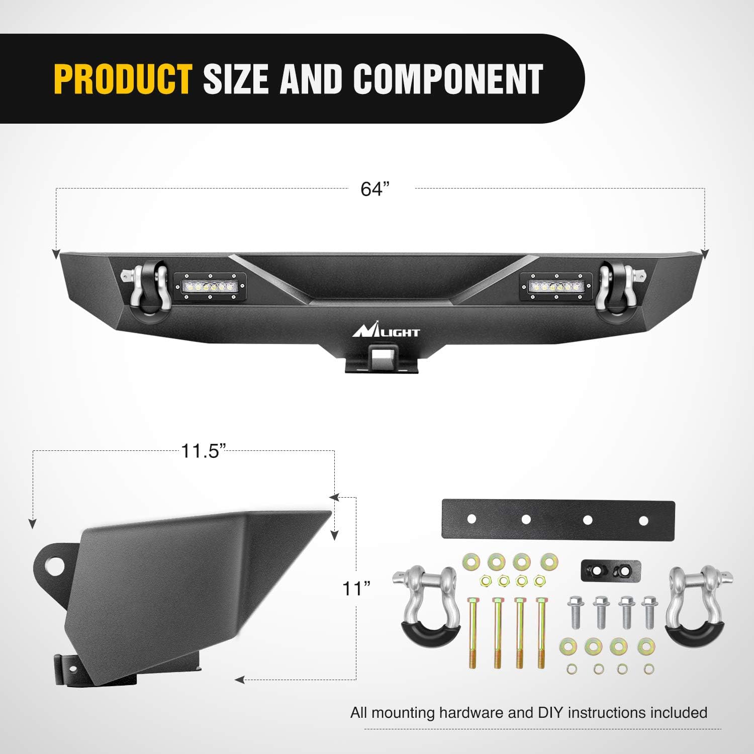 2018-2023 Jeep Wrangler JL Rear Bumper Rock Crawler Bumper with 2Pcs Hitch Receiver 2Pcs Upgraded 18W LED Lights D-Rings Textured Black