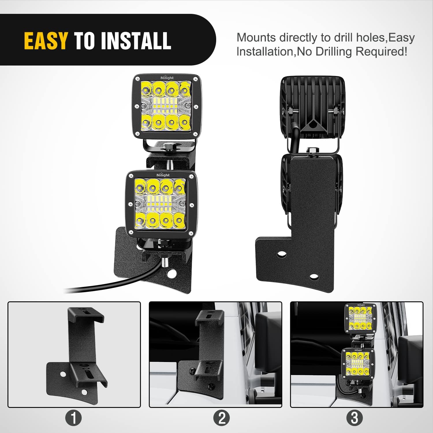 Nilight 2PCS Windshield Hinge Mounting Brackets Dual A-Pillar for Offroad LED Fog Light Work Light for 2007 2008 2009 2010 2011 2012 2013 2014 2015 2016 2017 Wrangler JK/JKU 2DR 4DR,2 years Warranty