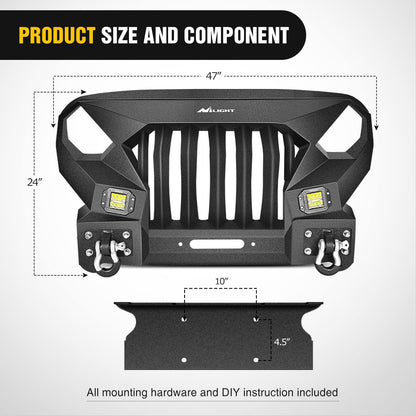 2007-2018 Jeep Wrangler JK & Unlimited 2/4 Doors Front Bumper Grill with Winch Plate 2Pcs 42w LED Work Light Pods Textured Black Solid Steel Off-Road