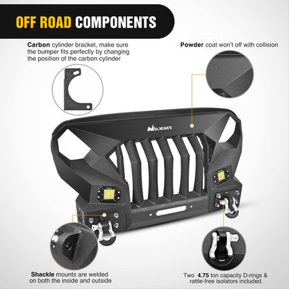 2007-2018 Jeep Wrangler JK & Unlimited 2/4 Doors Front Bumper Grill with Winch Plate 2Pcs 42w LED Work Light Pods Textured Black Solid Steel Off-Road