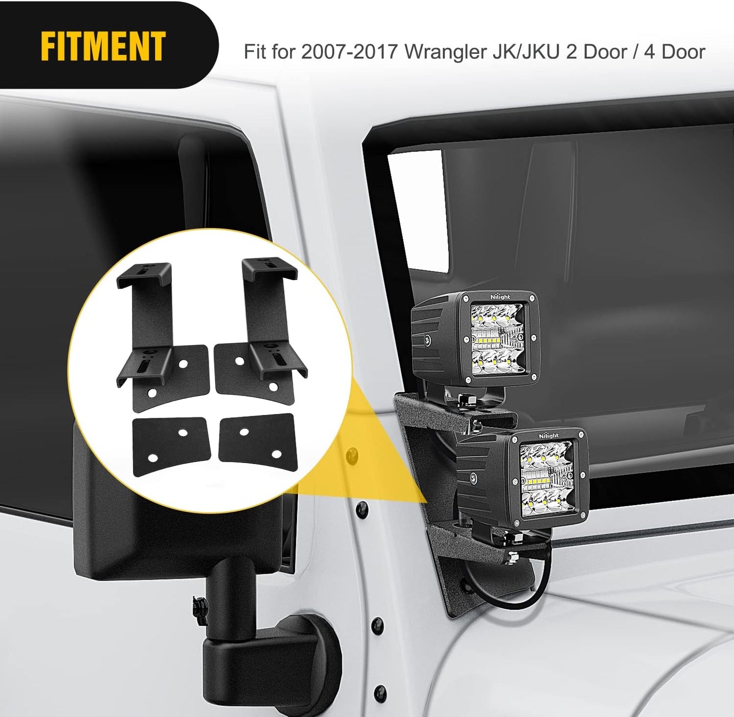 Nilight 2PCS Windshield Hinge Mounting Brackets Dual A-Pillar for Offroad LED Fog Light Work Light for 2007 2008 2009 2010 2011 2012 2013 2014 2015 2016 2017 Wrangler JK/JKU 2DR 4DR,2 years Warranty