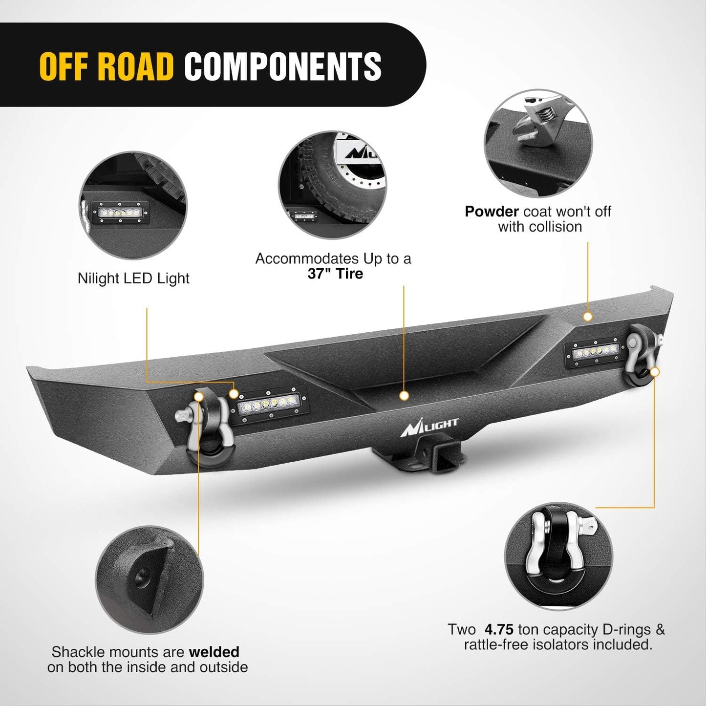 2018-2023 Jeep Wrangler JL Rear Bumper Rock Crawler Bumper with 2Pcs Hitch Receiver 2Pcs Upgraded 18W LED Lights D-Rings Textured Black