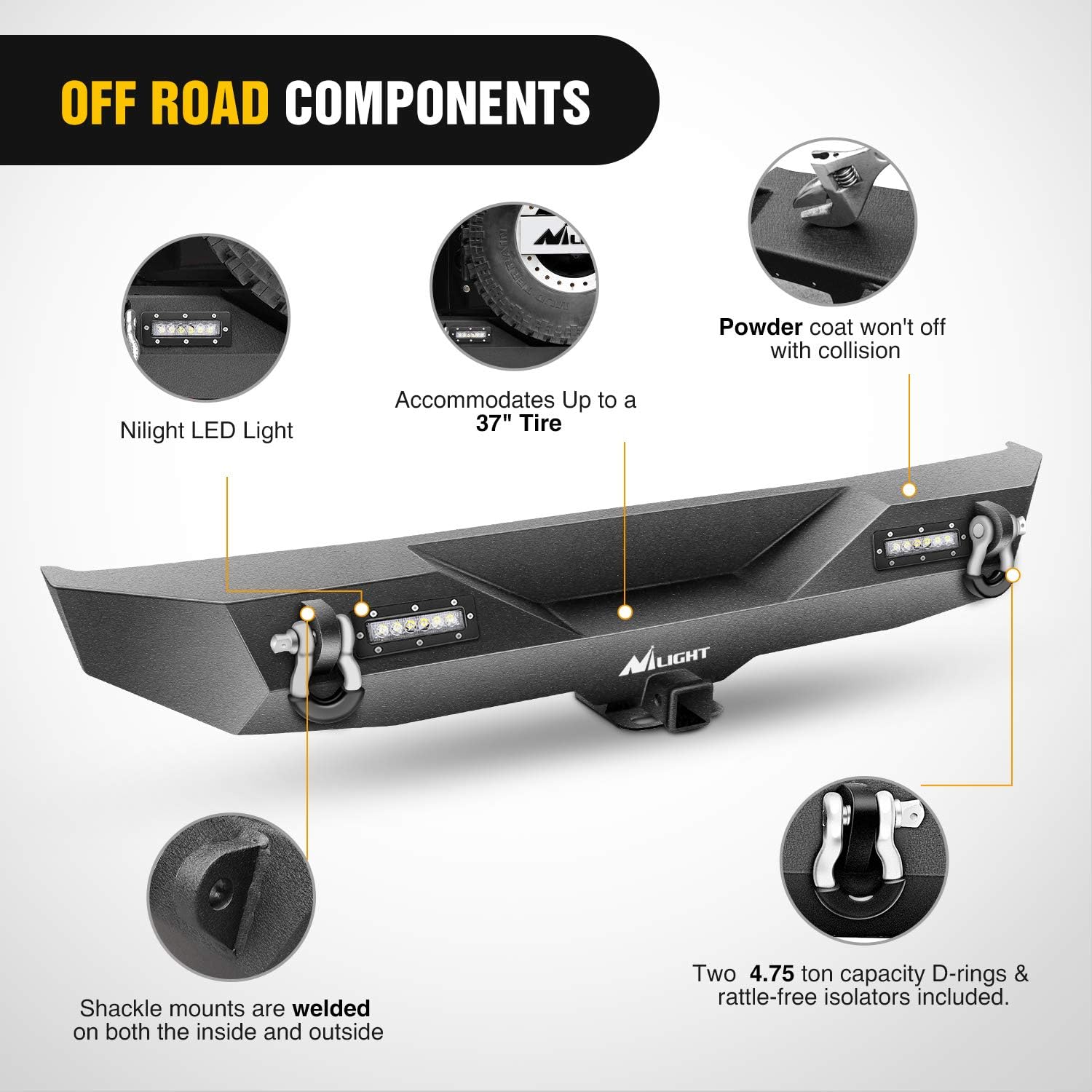 2018-2023 Jeep Wrangler JL Rear Bumper Rock Crawler Bumper with 2Pcs Hitch Receiver 2Pcs Upgraded 18W LED Lights D-Rings Textured Black
