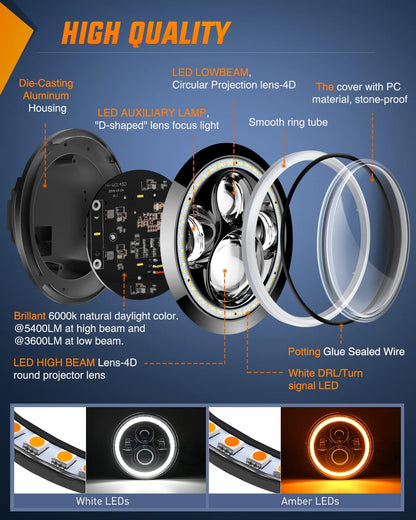 7 Inch LED Halo Headlights For 2007-2017 Jeep Wrangler JK JKU (Pair)