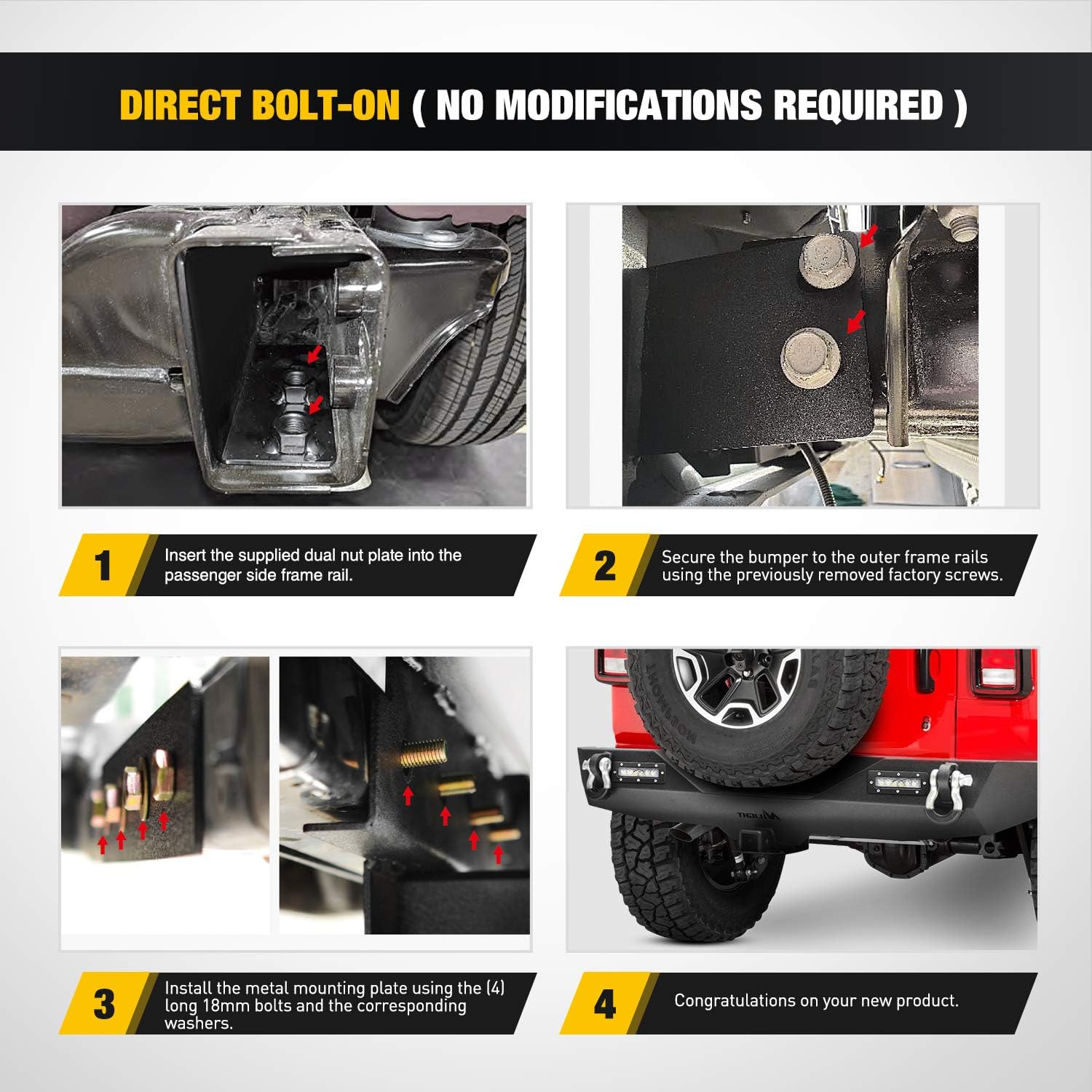 2018-2023 Jeep Wrangler JL Rear Bumper Rock Crawler Bumper with 2Pcs Hitch Receiver 2Pcs Upgraded 18W LED Lights D-Rings Textured Black