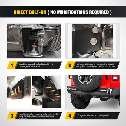 2018-2023 Jeep Wrangler JL Rear Bumper Rock Crawler Bumper with 2Pcs Hitch Receiver 2Pcs Upgraded 18W LED Lights D-Rings Textured Black