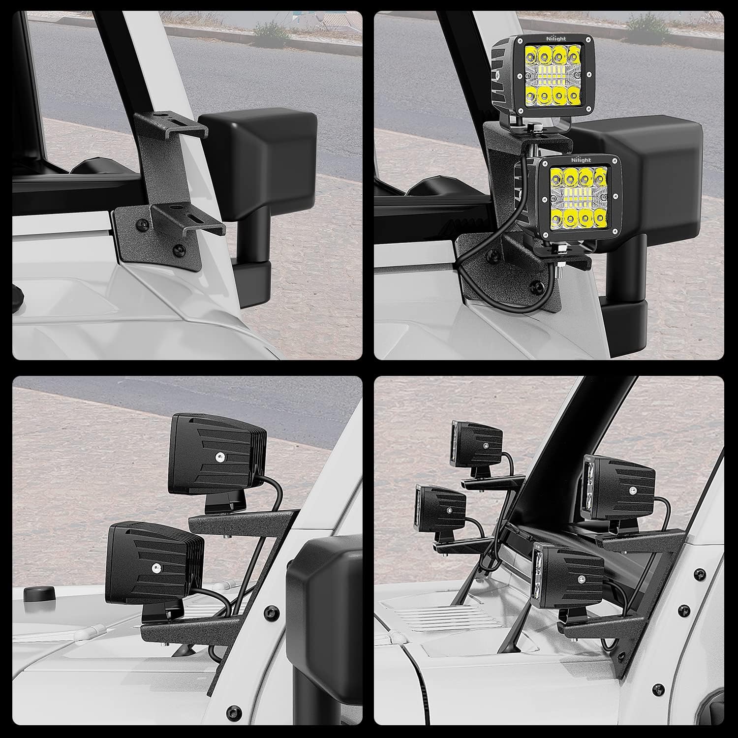 Nilight 2PCS Windshield Hinge Mounting Brackets Dual A-Pillar for Offroad LED Fog Light Work Light for 2007 2008 2009 2010 2011 2012 2013 2014 2015 2016 2017 Wrangler JK/JKU 2DR 4DR,2 years Warranty