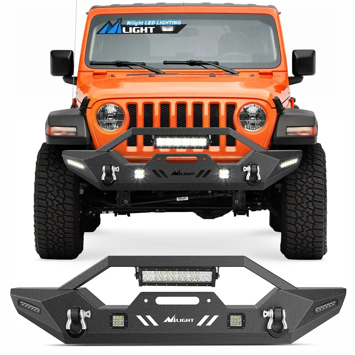 2007-2018 Jeep Wrangler JK/JKU 2018-2022 JL/JLU 2020-2022 Gladiator JT Front Bumper with 72W LED Light Bar 2Pcs 18W Light Pod 2Pcs 18W Single Row Work Light Winch Plate