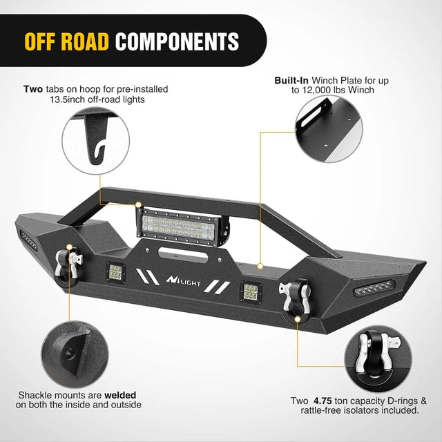2007-2018 Jeep Wrangler JK/JKU 2018-2022 JL/JLU 2020-2022 Gladiator JT Front Bumper with 72W LED Light Bar 2Pcs 18W Light Pod 2Pcs 18W Single Row Work Light Winch Plate