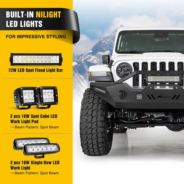 2007-2018 Jeep Wrangler JK/JKU 2018-2022 JL/JLU 2020-2022 Gladiator JT Front Bumper with 72W LED Light Bar 2Pcs 18W Light Pod 2Pcs 18W Single Row Work Light Winch Plate