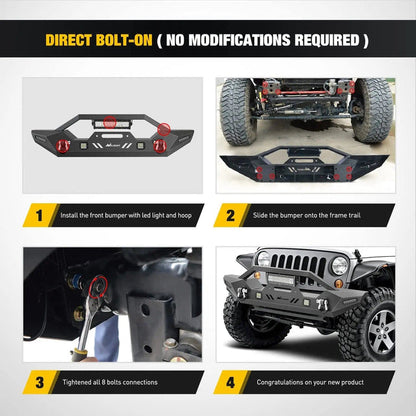 2007-2018 Jeep Wrangler JK/JKU 2018-2022 JL/JLU 2020-2022 Gladiator JT Front Bumper with 72W LED Light Bar 2Pcs 18W Light Pod 2Pcs 18W Single Row Work Light Winch Plate